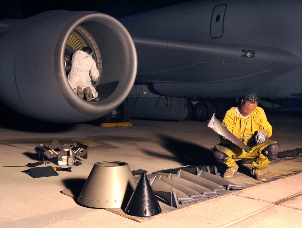 Non-destructive testing operator surveying plane engine parts to ensure they are quality checked before being installed