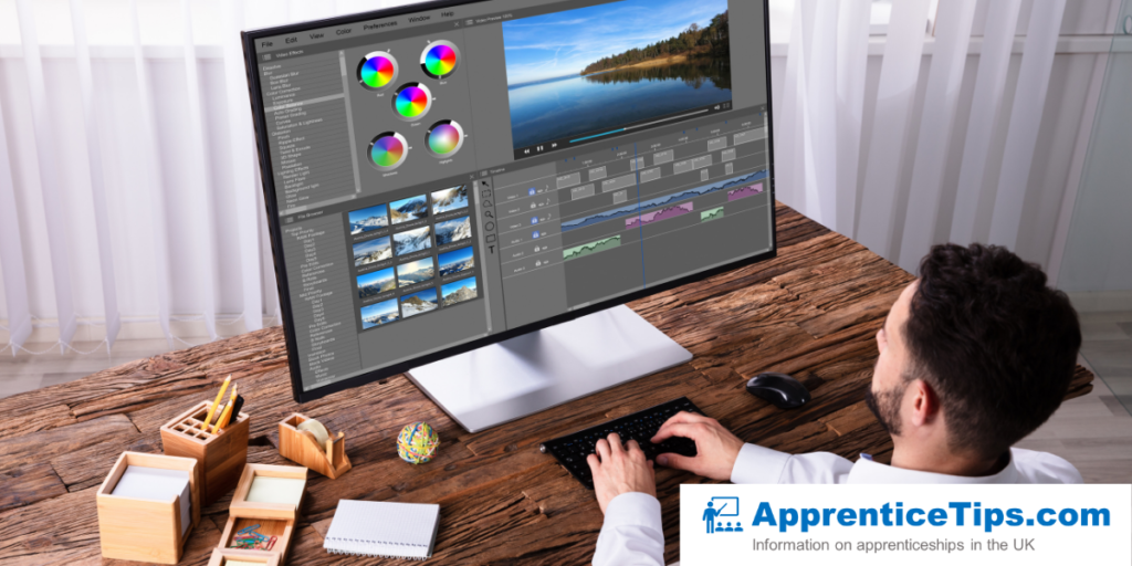 An image of a person on a computer, editing a video using a digital tool.