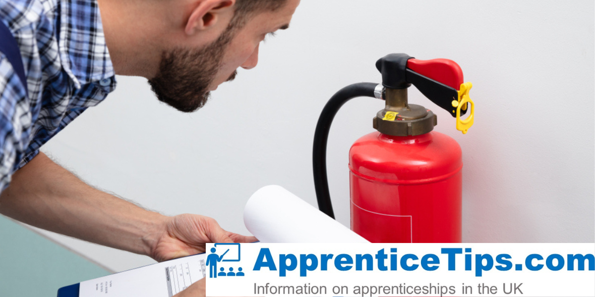 Business Fire Safety Advisor Apprenticeship image showing a man checking a fire extinguisher with the ApprenticeTips Logo.