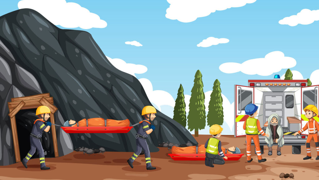Specialist rescue operations team working together to rescue workers from a mine