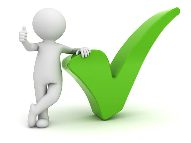 A figure gives the thumbs up while leaning on a green tick