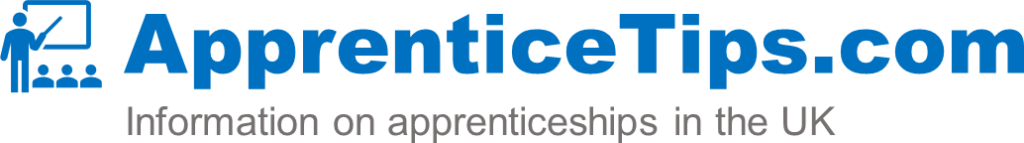 The apprenticetips.com Logo - There is a blue animated picutre of a teacher pointing to a whiteboard and a class of 3 students watching. Next to this there is writing saying 'Apprenticetips.com - Information on apprenticeships in the UK'