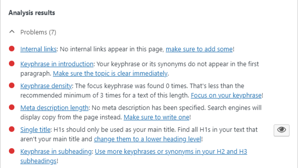 Yoast SEO analysis results showing several areas for improvement.