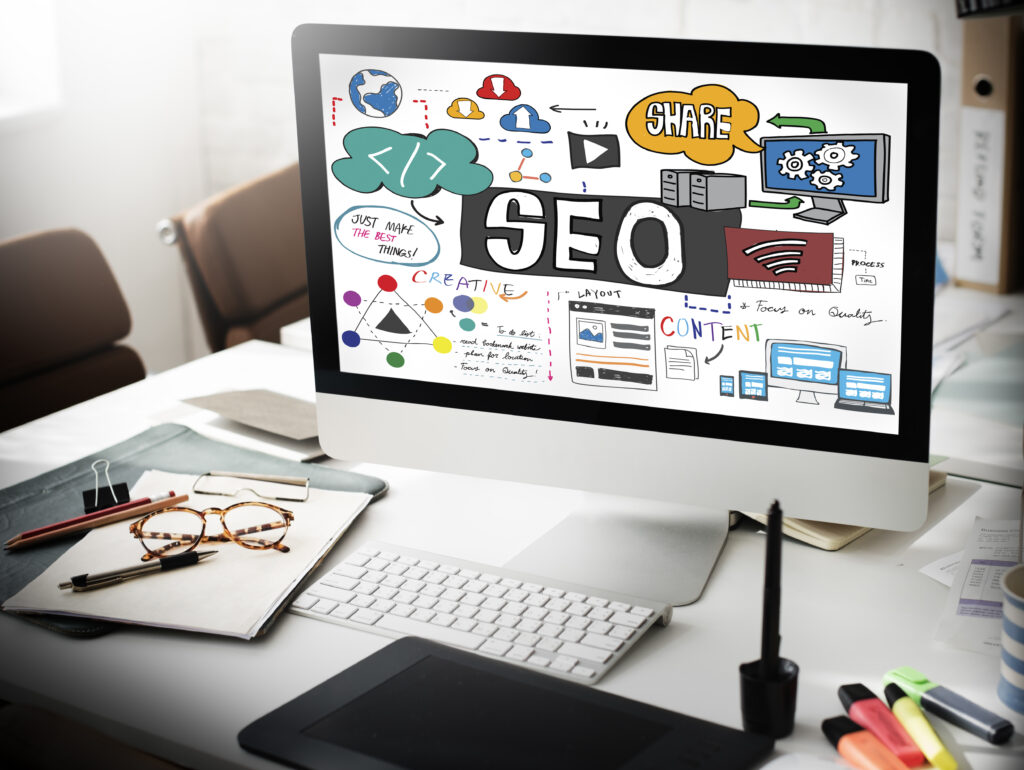 SEO graphic concept on a desktop computer.