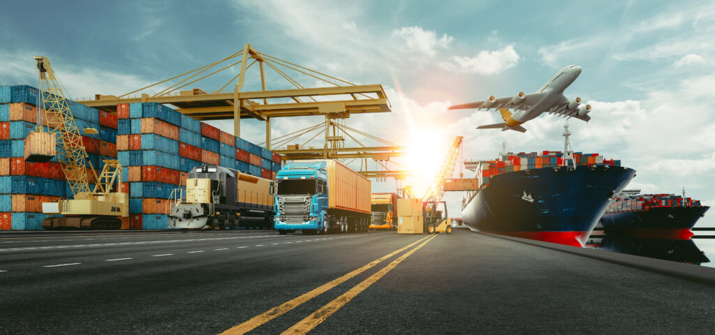 Image containing all international freight forwarding methods. Air freight, ocean freight and road freight. 