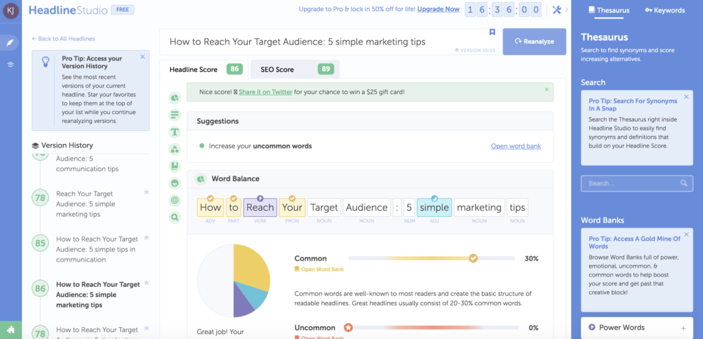Screenshot of an analysis tool which suggests how to create a headline that reaches a wider audience.