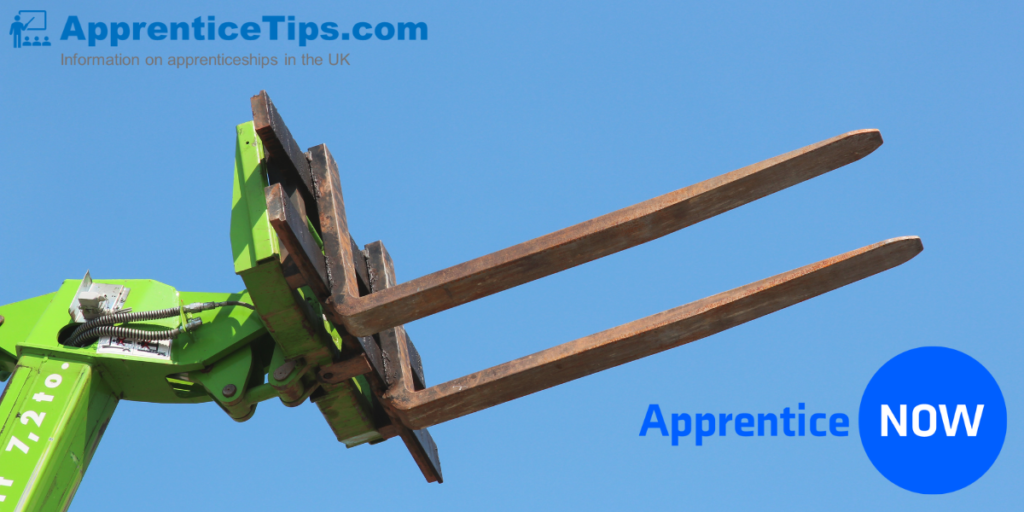 Fork Lift on Blue Sky with Apprentice Now Logo.