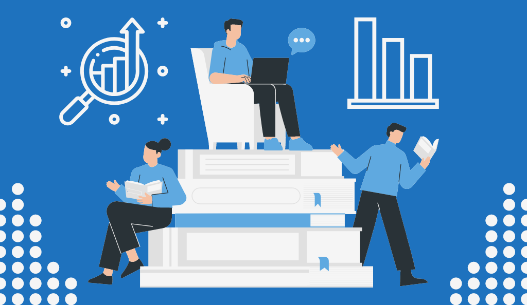 Blue operational research specialist graphic showing data and research