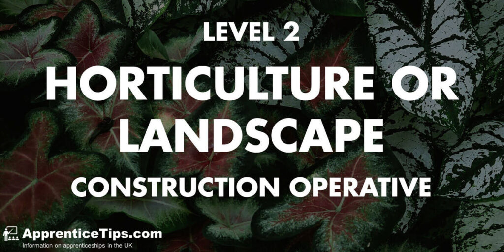 Leaf Background that says ‘ level 2 horticulture or landscape construction operative - apprenticetips’ on it