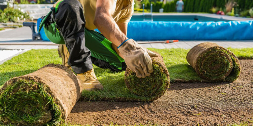 Man wearing gloves picking up rolls of turf