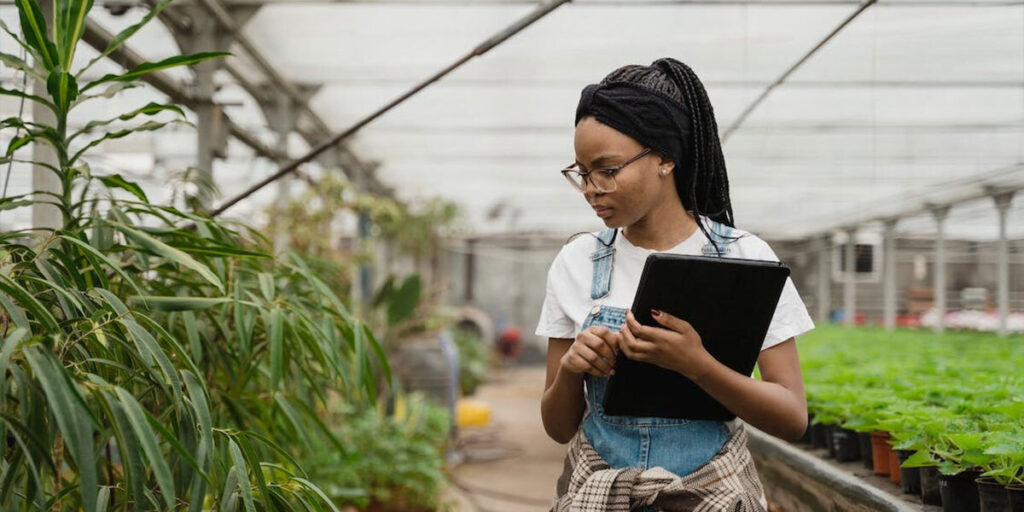 Woman wearing glasses holding a clip board inspecting her plants in a greenhouse writing her observations down