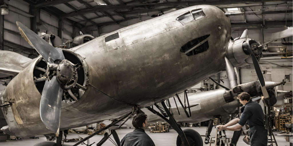 Young Heritage Engineering Technician apprentices, working underneath a historical plane. Apprenticeship, heritage, historical, mechanical, machinery, work, learn
